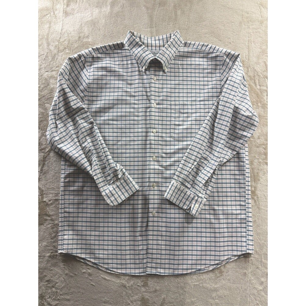 LL Bean Button Down Shirt Slightly Fitted Men 17.5 x 34 Tan Plaid Preppy Classic